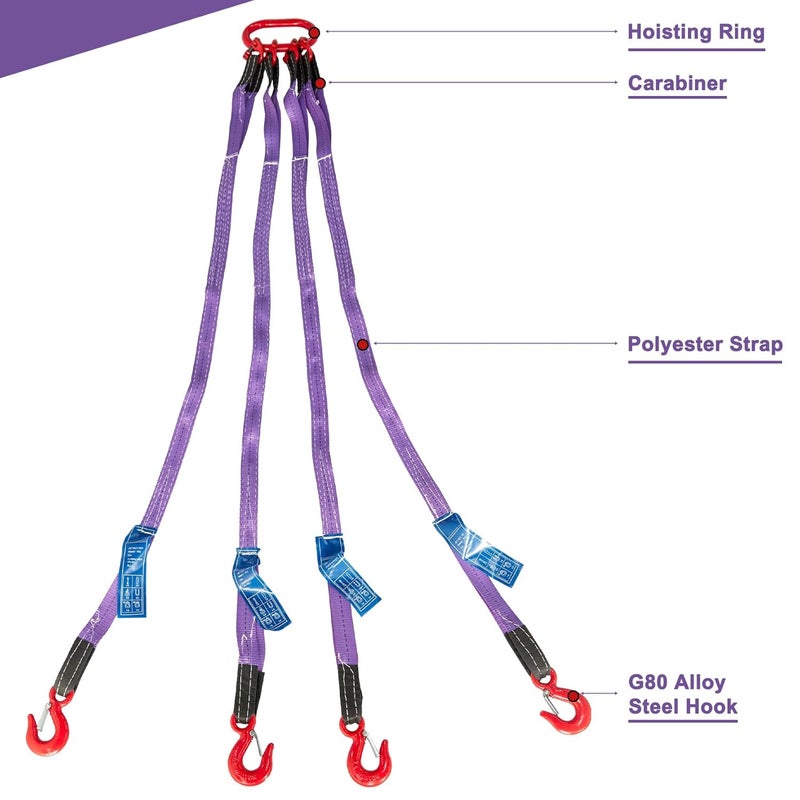 Pindex 5ft 3t Chain Sling for Lifting, 6610lbs Polyester Strap Lifting Sling Chain Hoist with G80 Alloy Steel 4 Legs Grab Hook and Adjuster, Adjustable Length and Angle for Safe Towing - Image 2